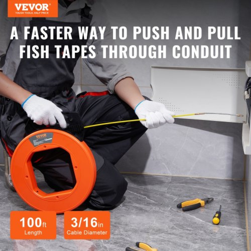 VEVOR Fish Tape, 30,5m, 4,8mm, Εξολκέας σύρματος από υαλοβάμβακα με βελτιστοποιημένο περίβλημα και λαβή, Εύκολο στη χρήση εργαλείο εξολκέα καλωδίων, εύκαμπτα εργαλεία ψαρέματος με σύρμα για τοίχο και ηλεκτρικό αγωγό, μη αγώγιμο