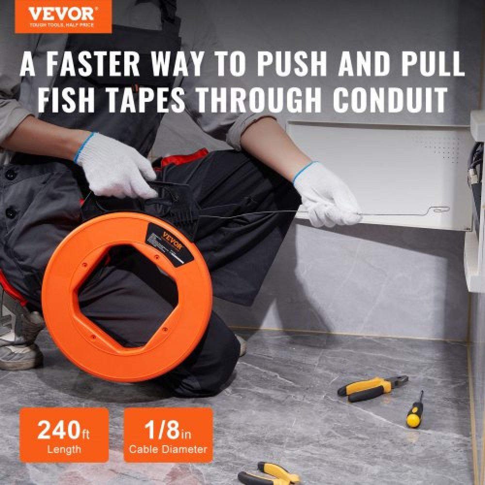 VEVOR Fish Tape, 73,2m 3mm (240-foot, 1/8-inch), Εξολκέα από χαλύβδινο σύρμα με βελτιστοποιημένο περίβλημα και λαβή, εύκολο στη χρήση εργαλείο εξολκέα καλωδίων, εύκαμπτα εργαλεία ψαρέματος με σύρμα για τοίχους και ηλεκτρικούς αγωγούς, μη αγώγιμο