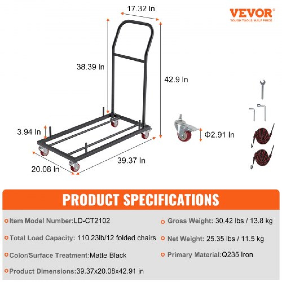 VEVOR Πτυσσόμενη καρέκλα Dolly, Σιδερένιο επαγγελματικό καρότσι με χωρητικότητα 12 καρέκλες, Πτυσσόμενες καρέκλες Rack καρότσι με 4 τροχίσκους, Storage Transport Dolly για επίπεδη στοίβαξη πλαστική ρητίνη και καρέκλες ξύλου, μαύρο