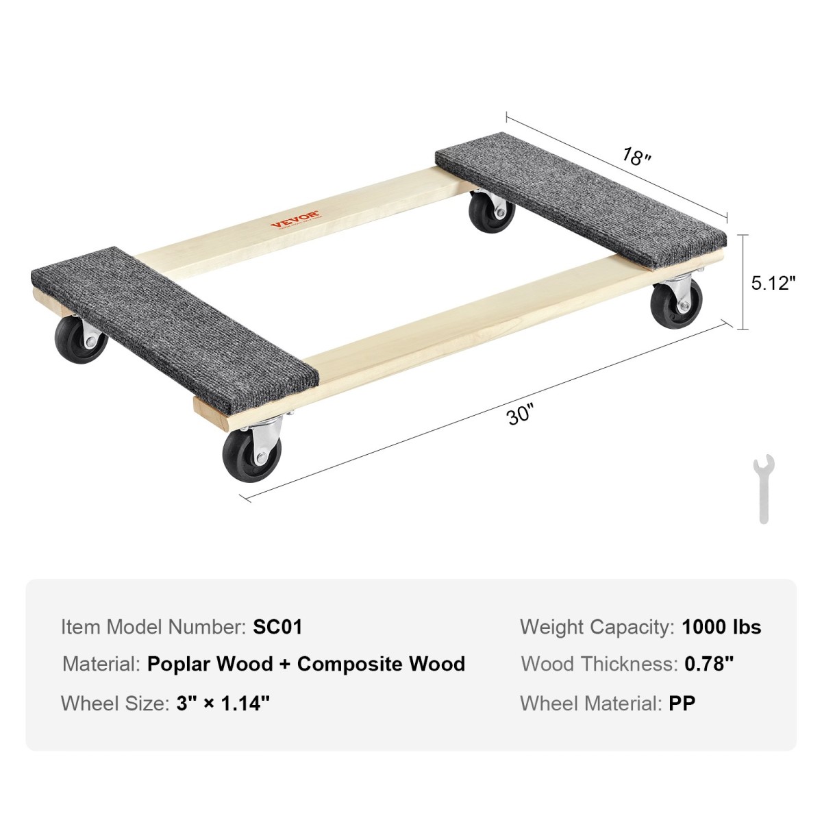 VEVOR Furniture Dolly, χωρητικότητα φόρτωσης 1000 lbs, 18" x 30", 4 x 3" PP περιστρεφόμενοι τροχοί, βαρέως τύπου έπιπλα σκληρού ξύλου Moving Dolly, Mover's Dolly, Κινητό καρότσι με ρόδες για καθαρισμό βαρέων επίπλων σπιτιού