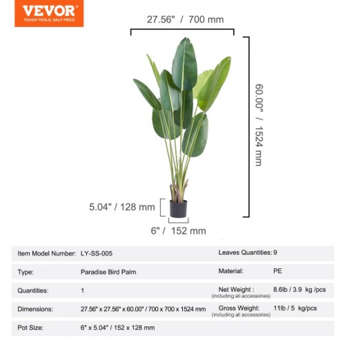 VEVOR Artificial Birds Of Paradise Tree, Faux Plant 1,5 mTall, PE Material & Anti-Tip Protection Face-Maintenance Plant, Lifelike Green Fake Tree for Home Office Decor Warehouse Indoor Outdoor