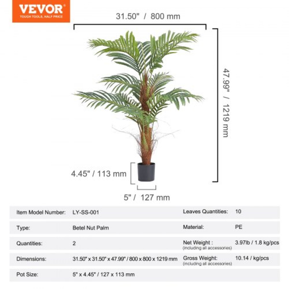 Τεχνητός φοίνικας VEVOR, Ψηλό ψεύτικο φυτό 4 FT, Ασφαλές υλικό πολυαιθυλενίου & Προστασία κατά της κλίσης φυτό χαμηλής συντήρησης, ζωντανό πράσινο ψεύτικο δέντρο για διακόσμηση αποθήκης οικιακού γραφείου εσωτερικού χώρου