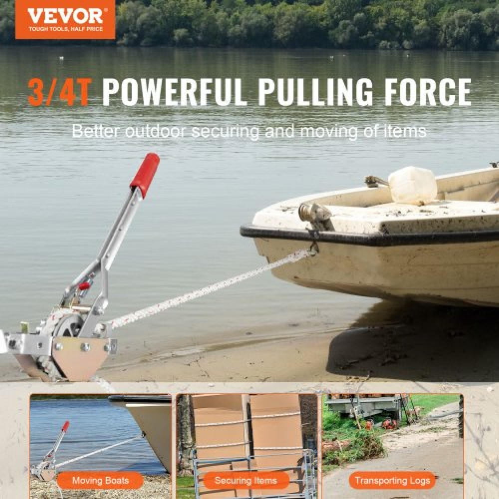 VEVOR Rope Puller, 3/4 Ton (750 kg) Ικανότητα έλξης, με 30,48 m διάμετρος 1,52 cm.Σχοινί, 2 άγκιστρο, Βαρούλκο Come Along, Ισχυρό εργαλείο εξολκέα με καστάνια βαρέως τύπου για κινούμενα σκάφη, ασφάλιση αντικειμένων, μεταφορά κορμών