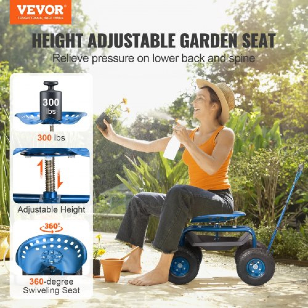 Κάθισμα εργασίας VEVOR Garden Cart Rolling με ρόδες, σκαμπό κηπουρικής για φύτευση, περιστρεφόμενο κάθισμα 360 μοιρών, βαγόνι σκούτερ με λαβή τιμονιού & δίσκος βοηθητικών εργαλείων, χρήση για βεράντα, αυλή και εξωτερικούς χώρους, μπλε