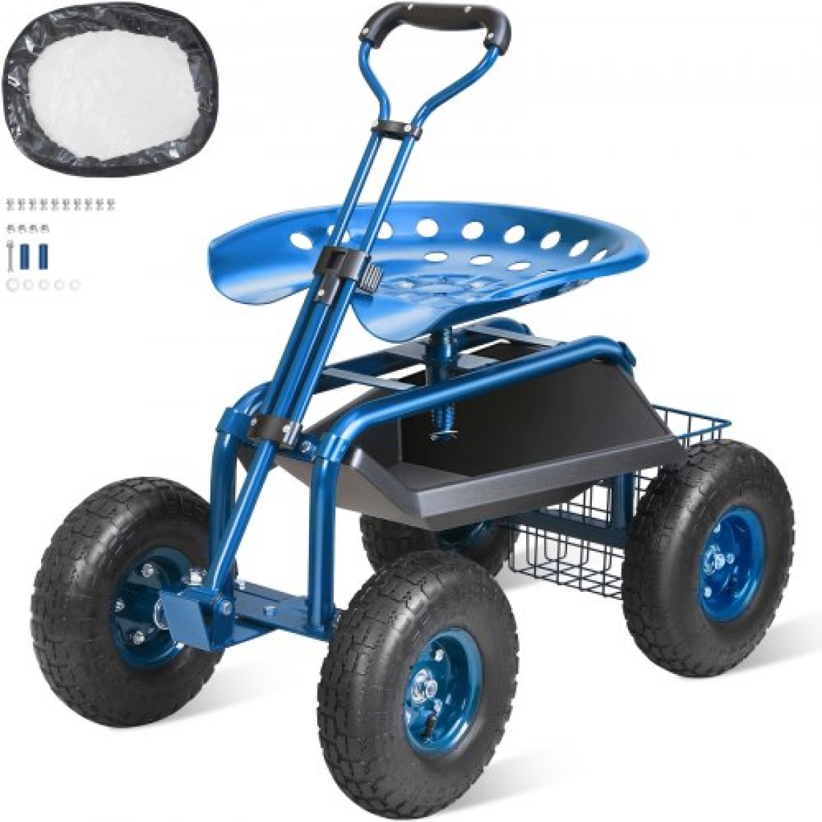 Κάθισμα εργασίας VEVOR Garden Cart Rolling με ρόδες, σκαμπό κηπουρικής για φύτευση, περιστρεφόμενο κάθισμα 360 μοιρών, βαγόνι σκούτερ με λαβή τιμονιού & δίσκος βοηθητικών εργαλείων, χρήση για βεράντα, αυλή και εξωτερικούς χώρους, μπλε