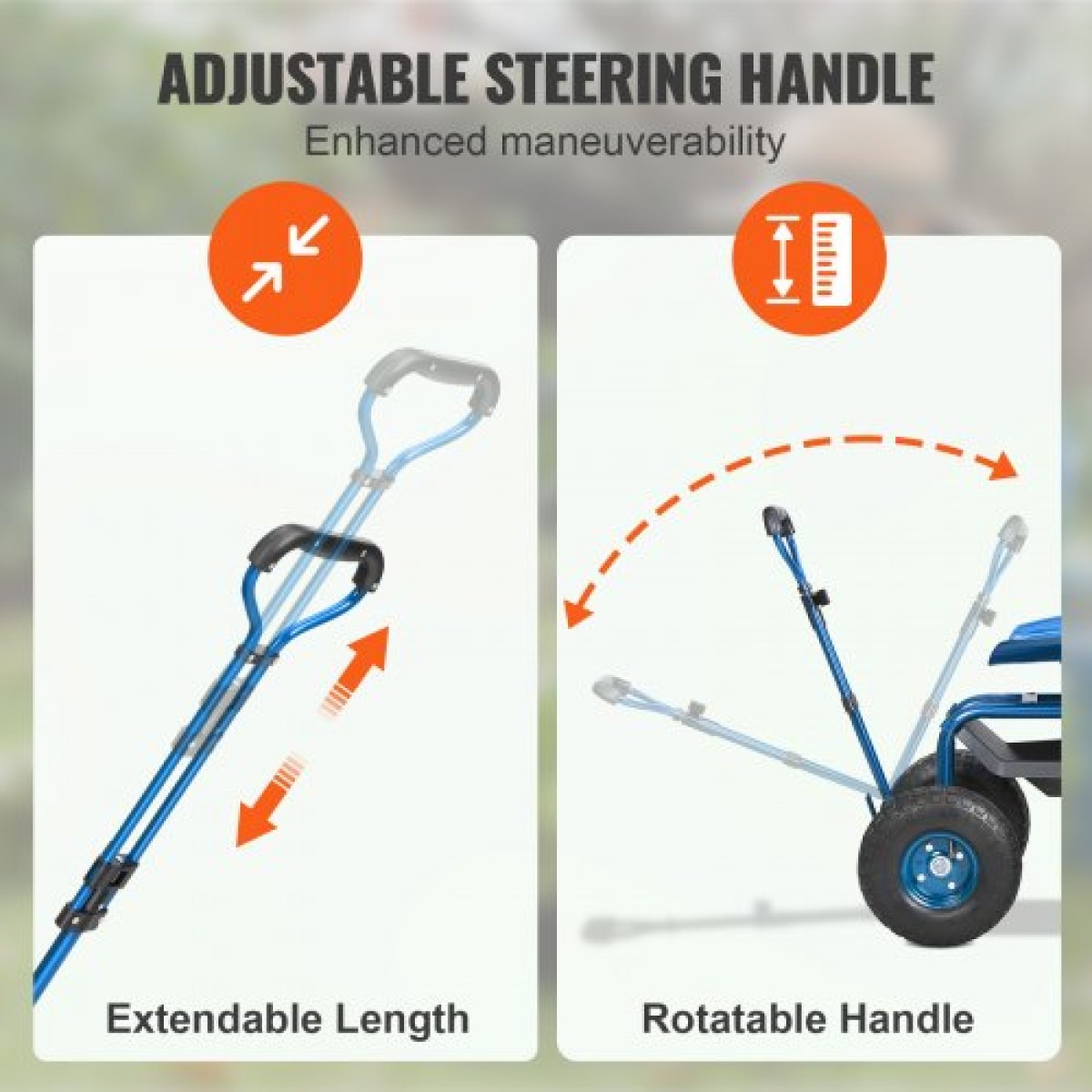 Κάθισμα εργασίας VEVOR Garden Cart Rolling με ρόδες, σκαμπό κηπουρικής για φύτευση, περιστρεφόμενο κάθισμα 360 μοιρών, βαγόνι σκούτερ με λαβή τιμονιού & δίσκος βοηθητικών εργαλείων, χρήση για βεράντα, αυλή και εξωτερικούς χώρους, μπλε