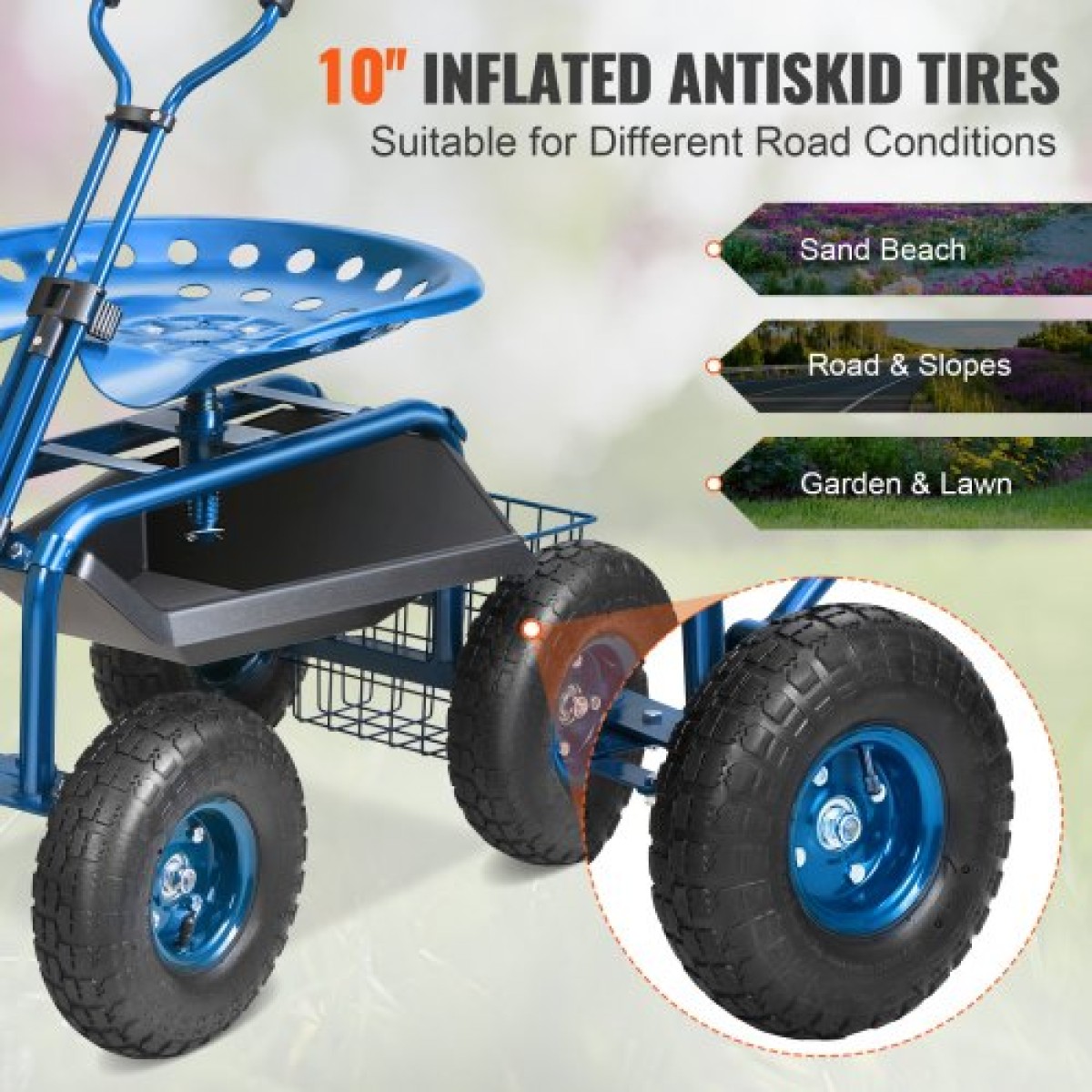 Κάθισμα εργασίας VEVOR Garden Cart Rolling με ρόδες, σκαμπό κηπουρικής για φύτευση, περιστρεφόμενο κάθισμα 360 μοιρών, βαγόνι σκούτερ με λαβή τιμονιού & δίσκος βοηθητικών εργαλείων, χρήση για βεράντα, αυλή και εξωτερικούς χώρους, μπλε