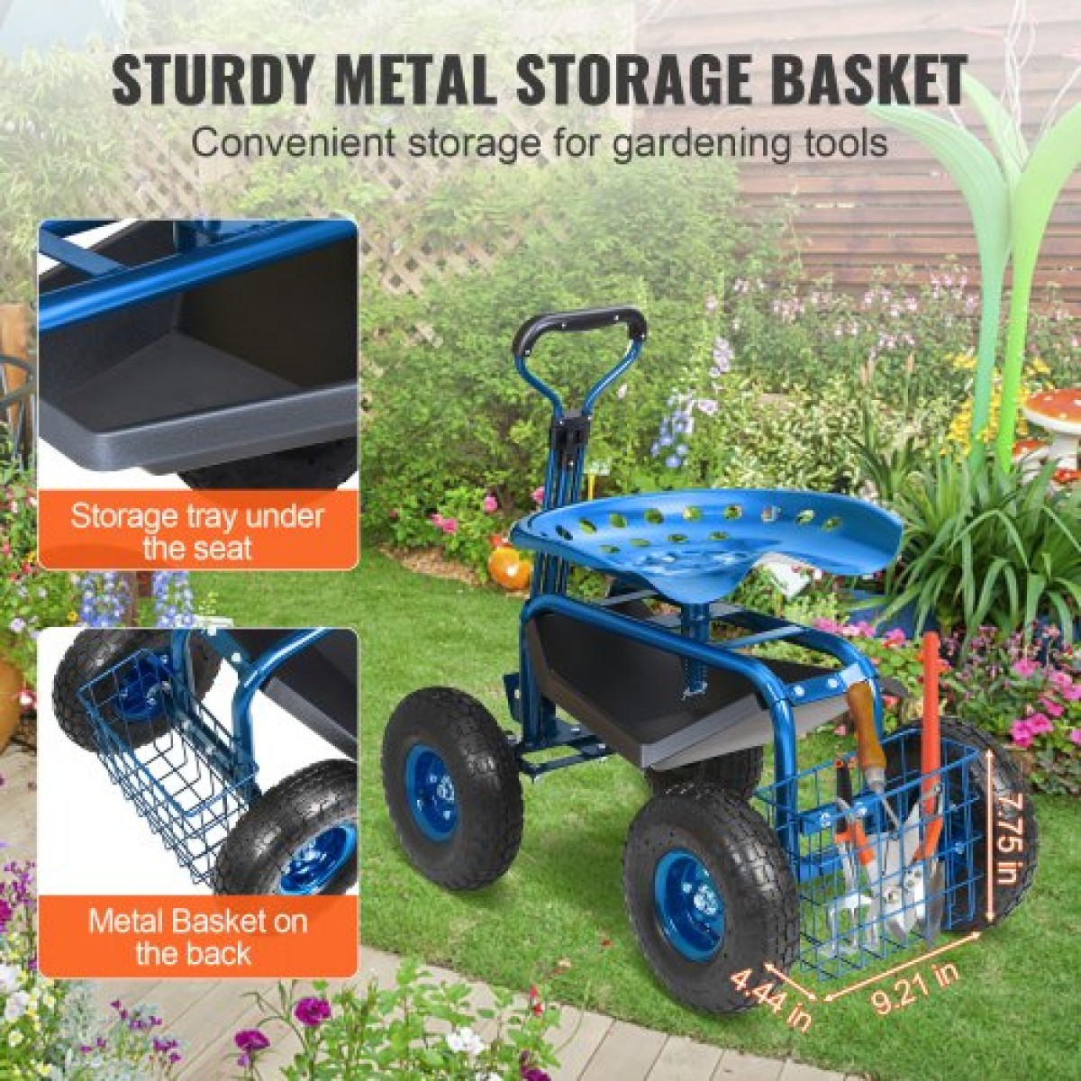 Κάθισμα εργασίας VEVOR Garden Cart Rolling με ρόδες, σκαμπό κηπουρικής για φύτευση, περιστρεφόμενο κάθισμα 360 μοιρών, βαγόνι σκούτερ με λαβή τιμονιού & δίσκος βοηθητικών εργαλείων, χρήση για βεράντα, αυλή και εξωτερικούς χώρους, μπλε