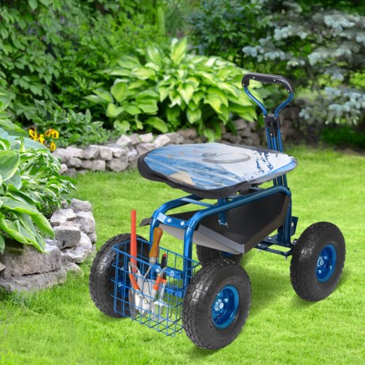 Κάθισμα εργασίας VEVOR Garden Cart Rolling με ρόδες, σκαμπό κηπουρικής για φύτευση, περιστρεφόμενο κάθισμα 360 μοιρών, βαγόνι σκούτερ με λαβή τιμονιού & δίσκος βοηθητικών εργαλείων, χρήση για βεράντα, αυλή και εξωτερικούς χώρους, μπλε