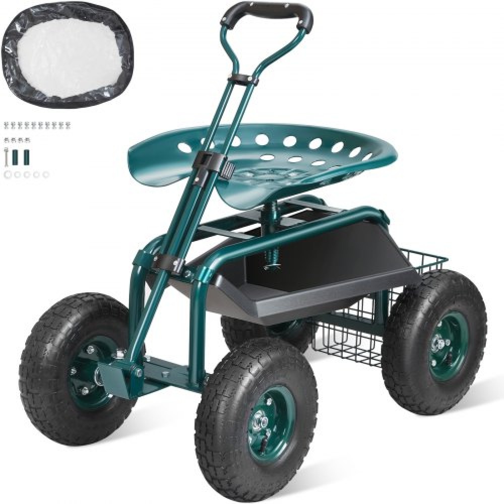 VEVOR Garden Cart Rolling Seat Work με ρόδες, Σκαμπό κηπουρικής για φύτευση, Περιστρεφόμενο κάθισμα 360 μοιρών, Wagon Scooter με λαβή τιμονιού & δίσκος βοηθητικών εργαλείων, χρήση για αίθριο, αυλή και εξωτερικούς χώρους, πράσινο