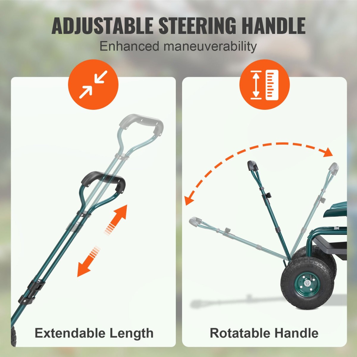 VEVOR Garden Cart Rolling Seat Work με ρόδες, Σκαμπό κηπουρικής για φύτευση, Περιστρεφόμενο κάθισμα 360 μοιρών, Wagon Scooter με λαβή τιμονιού & δίσκος βοηθητικών εργαλείων, χρήση για αίθριο, αυλή και εξωτερικούς χώρους, πράσινο