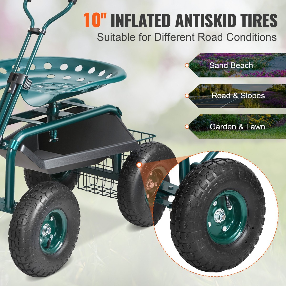 VEVOR Garden Cart Rolling Seat Work με ρόδες, Σκαμπό κηπουρικής για φύτευση, Περιστρεφόμενο κάθισμα 360 μοιρών, Wagon Scooter με λαβή τιμονιού & δίσκος βοηθητικών εργαλείων, χρήση για αίθριο, αυλή και εξωτερικούς χώρους, πράσινο