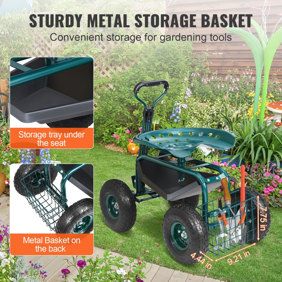 VEVOR Garden Cart Rolling Seat Work με ρόδες, Σκαμπό κηπουρικής για φύτευση, Περιστρεφόμενο κάθισμα 360 μοιρών, Wagon Scooter με λαβή τιμονιού & δίσκος βοηθητικών εργαλείων, χρήση για αίθριο, αυλή και εξωτερικούς χώρους, πράσινο