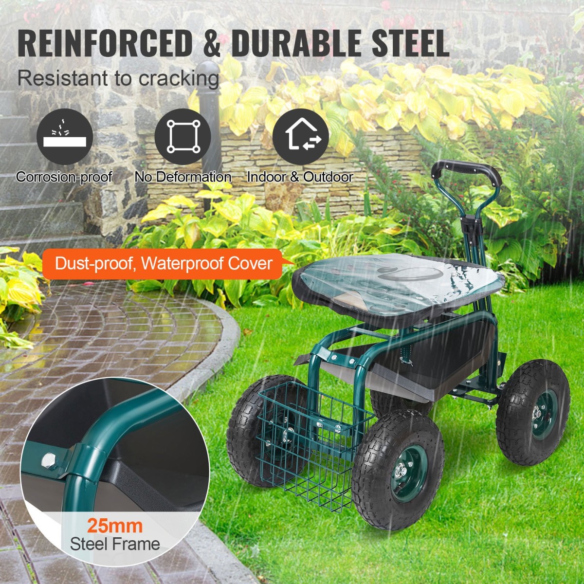 VEVOR Garden Cart Rolling Seat Work με ρόδες, Σκαμπό κηπουρικής για φύτευση, Περιστρεφόμενο κάθισμα 360 μοιρών, Wagon Scooter με λαβή τιμονιού & δίσκος βοηθητικών εργαλείων, χρήση για αίθριο, αυλή και εξωτερικούς χώρους, πράσινο