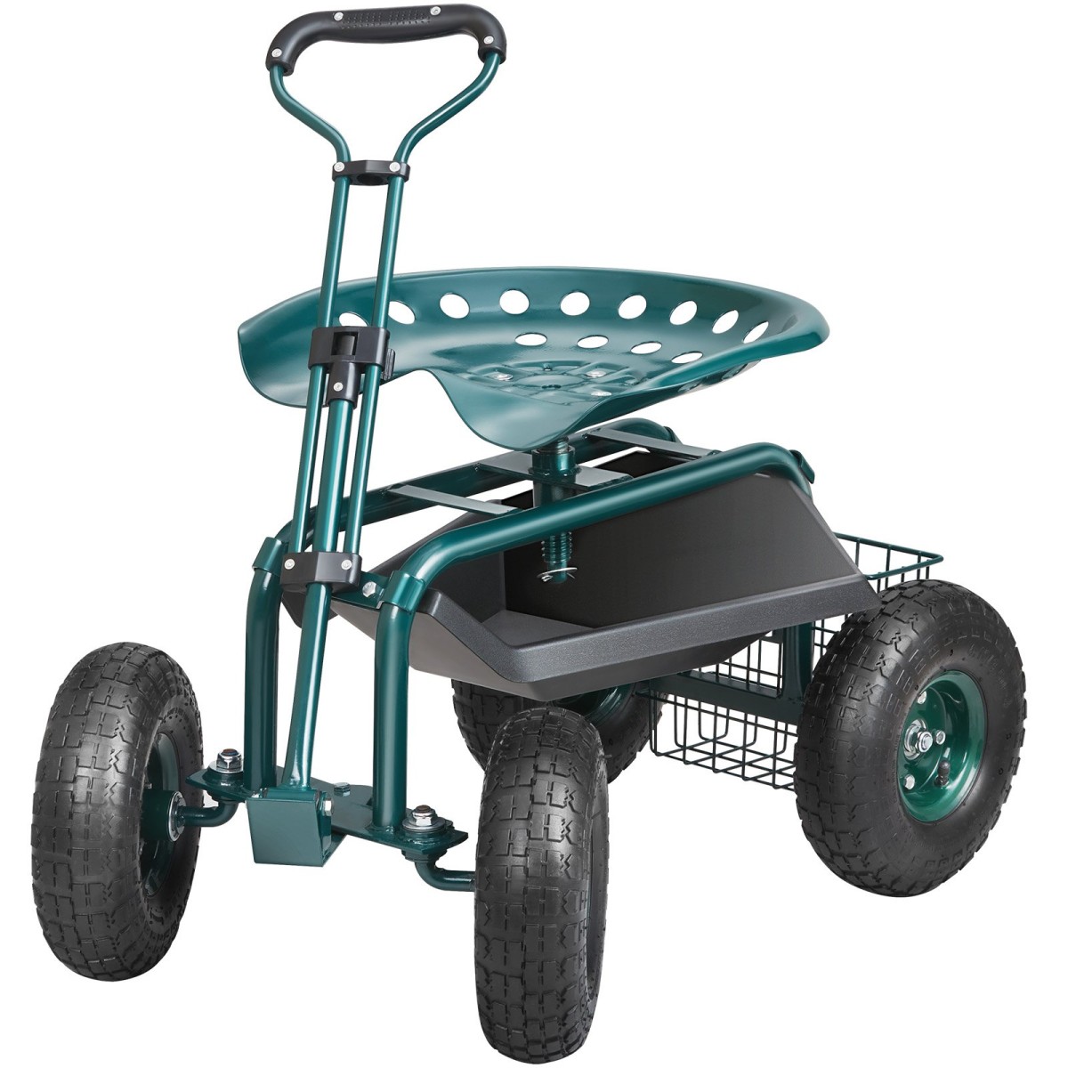 VEVOR Garden Cart Rolling Seat Work με ρόδες, Σκαμπό κηπουρικής για φύτευση, Περιστρεφόμενο κάθισμα 360 μοιρών, Wagon Scooter με λαβή τιμονιού & δίσκος βοηθητικών εργαλείων, χρήση για αίθριο, αυλή και εξωτερικούς χώρους, πράσινο