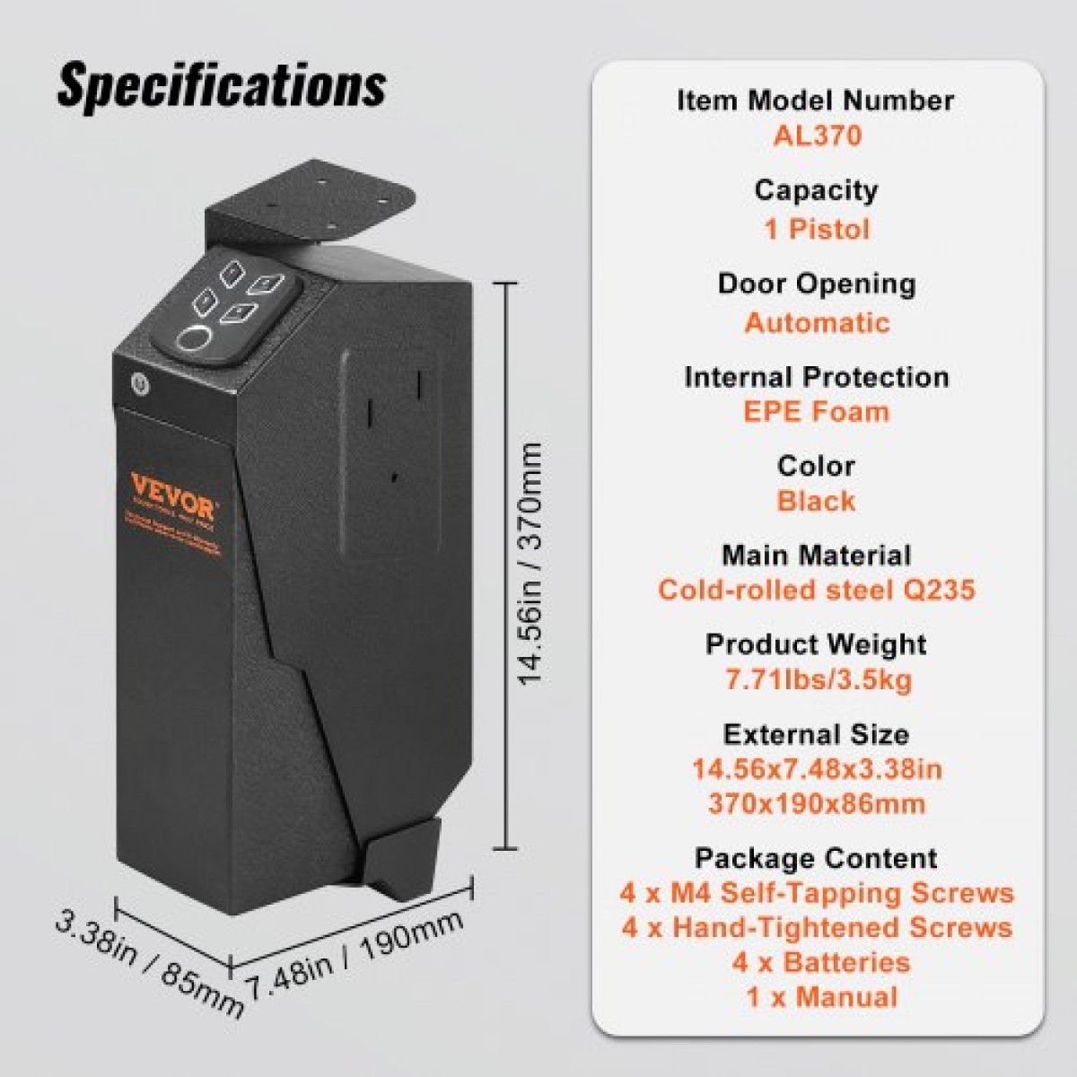 VEVOR Mounted Gun Safe for Pistols Biometric Gun Safe 3 τρόποι πρόσβασης για 1 πιστόλι