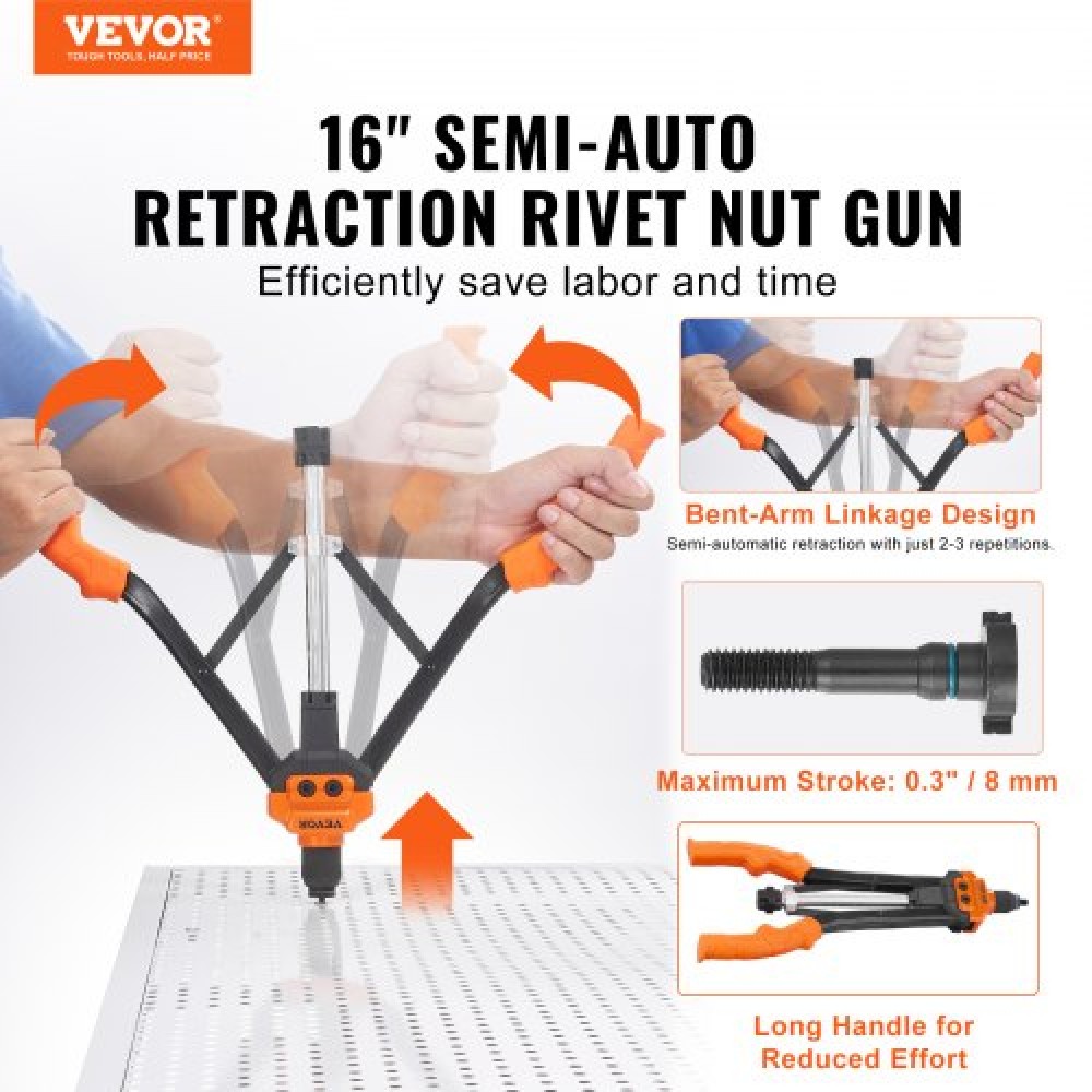 VEVOR Rivet Nut Tool, 40,6cm Rivnut Tool Kit with 13PCS Metric and SAE Mandrels, 186PCS Rivet Nuts, M3, M4, 10-24, M5, M6, 1/4-20, 8-32, 5/16-18, 5/16-18, M8, M8, M8,1/2-13, Ημιαυτόματη ανάκληση