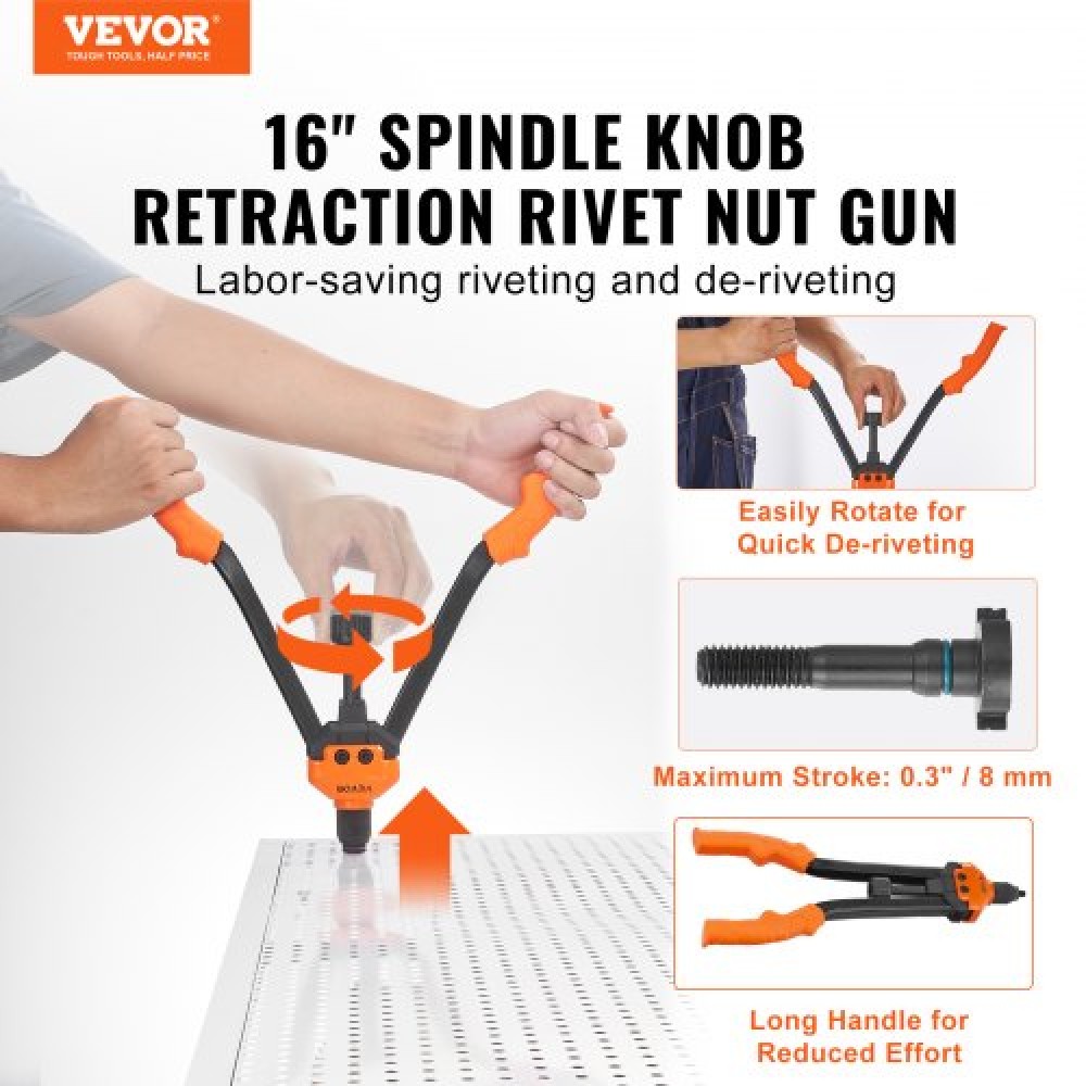 VEVOR Rivet Nut Tool, 40,6 cm Rivnut Tool Kit with 13PCS Metric and SAE Mandrels, 186PCS Rivet Nuts, M3, M4, 10-24, M5, M6, 1/4-20, 8-32, 5/16-18, 5/16-18, M8, M8, M8,1/2-13, Με θήκη μεταφοράς