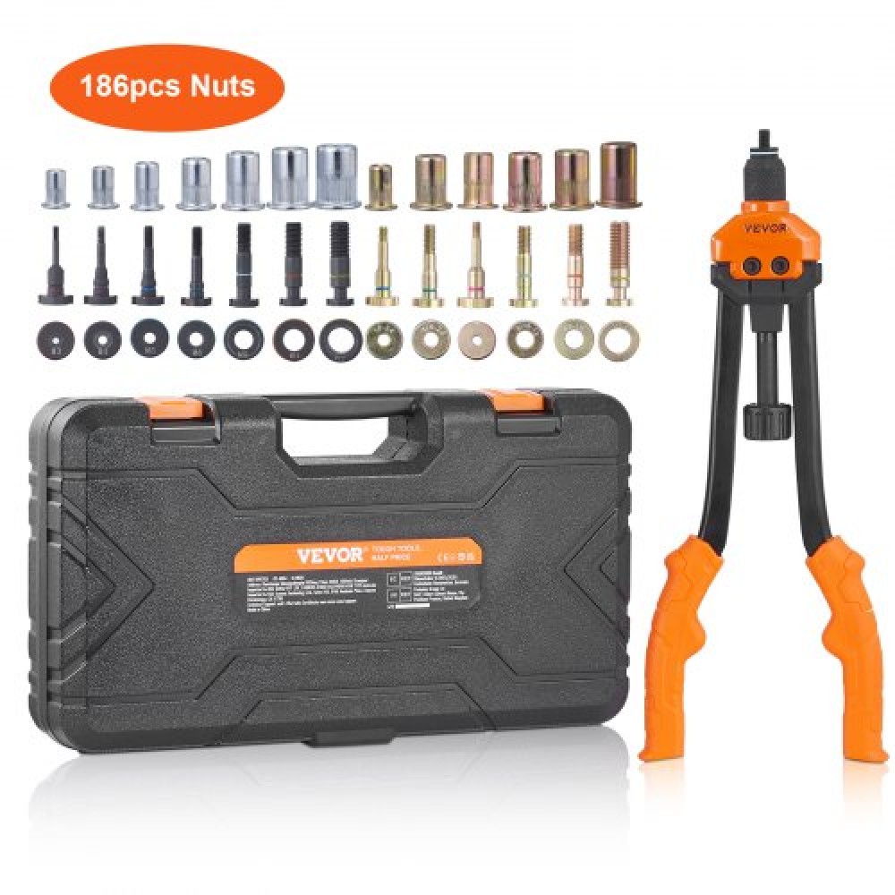 VEVOR Rivet Nut Tool, 40,6 cm Rivnut Tool Kit with 13PCS Metric and SAE Mandrels, 186PCS Rivet Nuts, M3, M4, 10-24, M5, M6, 1/4-20, 8-32, 5/16-18, 5/16-18, M8, M8, M8,1/2-13, Με θήκη μεταφοράς