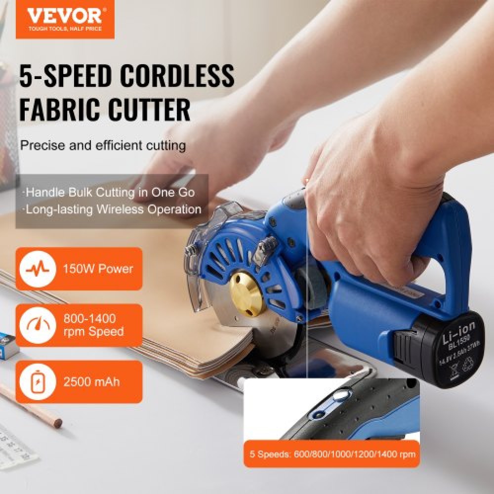 VEVOR Fabric Cutter, 5-τάχυτο ασύρματο ηλεκτρικό περιστροφικό μηχάνημα κοπής υφάσματος, πάχος κοπής 1,1", οκταγωνικό μαχαίρι, με ανταλλακτική λεπίδα και φορτιστή μπαταρίας, για υφασμάτινο δέρμα πολλαπλών στρώσεων