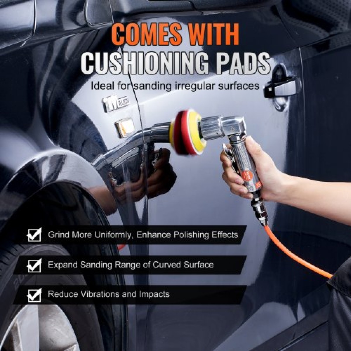 VEVOR Mini Air Trinder, 2,5/5,1/7,6 cm Random Orbital Air Trinder, 15000r/min Mini Pneumatic Sander Polisher for Auto Body Work, 58PCS Air Powered Sinder Kit με κυματιστά σφουγγάρια, γυαλόχαρτα, μαλλί