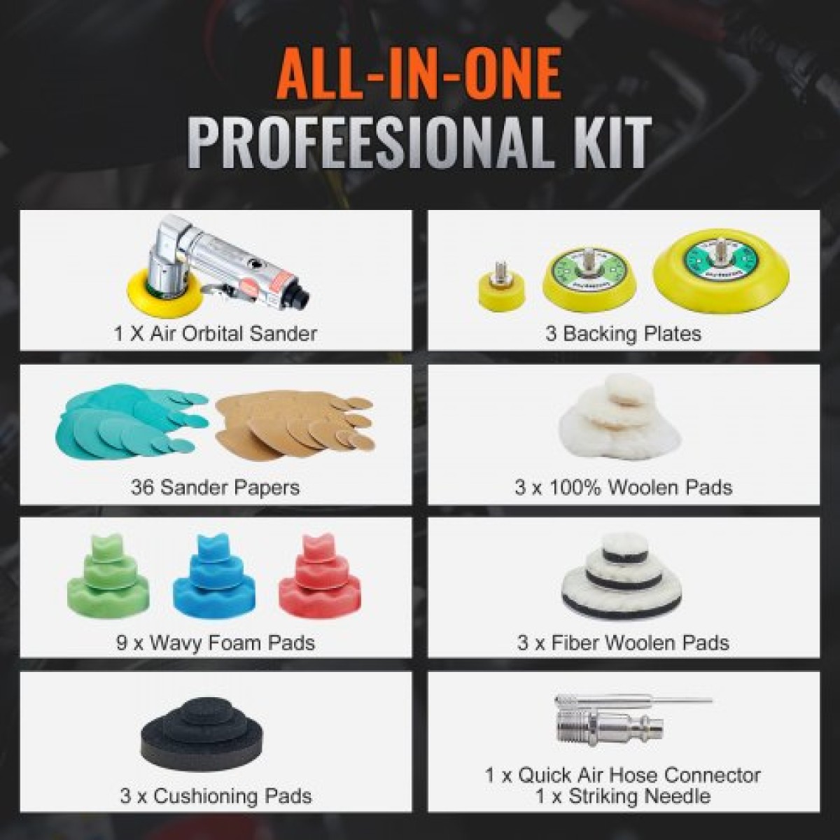 VEVOR Mini Air Trinder, 2,5/5,1/7,6 cm Random Orbital Air Trinder, 15000r/min Mini Pneumatic Sander Polisher for Auto Body Work, 58PCS Air Powered Sinder Kit με κυματιστά σφουγγάρια, γυαλόχαρτα, μαλλί