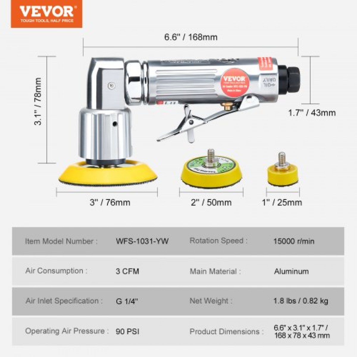VEVOR Mini Air Trinder, 2,5/5,1/7,6 cm Random Orbital Air Trinder, 15000r/min Mini Pneumatic Sander Polisher for Auto Body Work, 58PCS Air Powered Sinder Kit με κυματιστά σφουγγάρια, γυαλόχαρτα, μαλλί