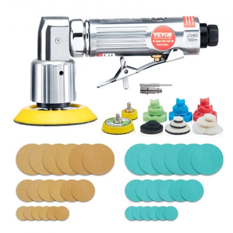 VEVOR Mini Air Trinder, 2,5/5,1/7,6 cm Random Orbital Air Trinder, 15000r/min Mini Pneumatic Sander Polisher for Auto Body Work, 58PCS Air Powered Sinder Kit με κυματιστά σφουγγάρια, γυαλόχαρτα, μαλλί