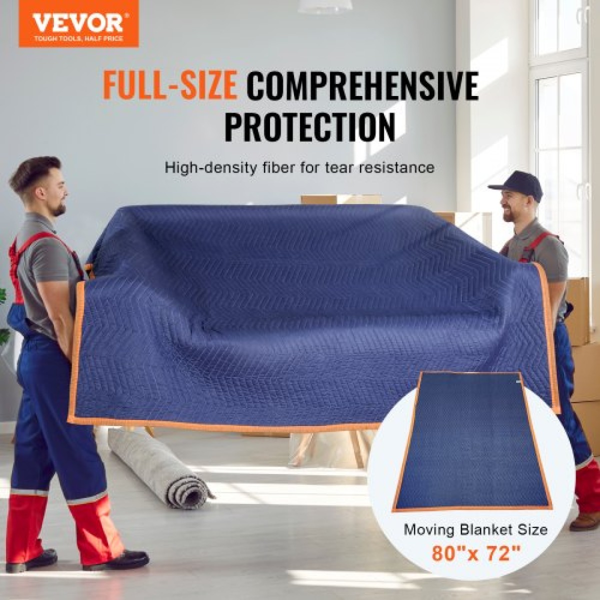 Κουβέρτες VEVOR Moving, 203,2 x 182,9 cm, 15,9 kg/dz Βάρος, 12 συσκευασίες, Επαγγελματική κουβέρτα συσκευασίας από μη υφασμένο & ανακυκλωμένο βαμβάκι, βαρέως τύπου μαξιλαράκια για προστασία επίπλων, δαπέδων, οικιακών συσκευών, μπλε/πορτοκαλί