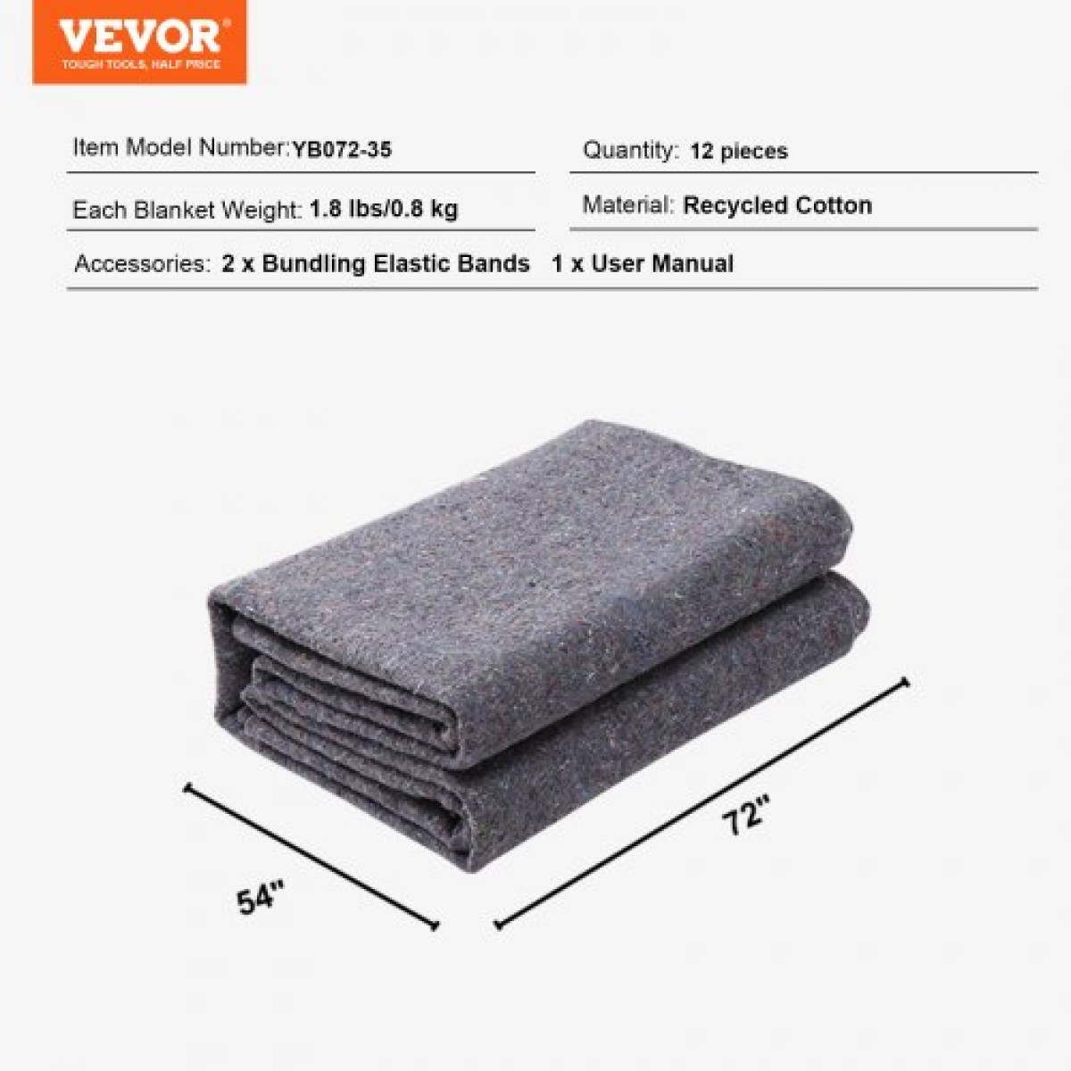 Κινούμενες κουβέρτες VEVOR, 182,9 x 137,2 cm, βάρος 9,5 kg/dz, 12 συσκευασίες, επαγγελματική κουβέρτα συσκευασίας από ανακυκλωμένο βαμβάκι, μεγάλα μαξιλαράκια μεταφοράς βαρέως τύπου Ιδανικά για προστασία επίπλων, δαπέδων, ηλεκτρικών συσκευών