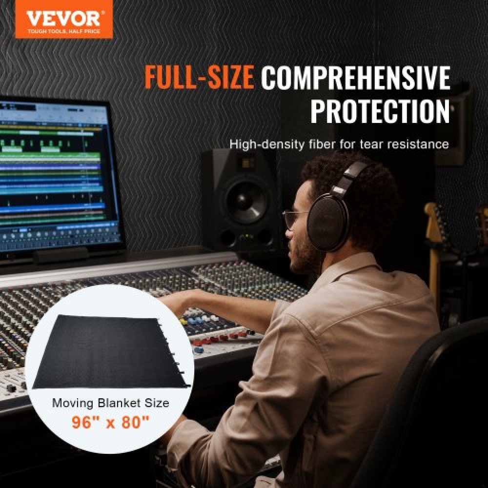 Κουβέρτα VEVOR Sound Dampening, 243,8 x 203,2 cm, Εξαιρετικά μεγάλη ηχομονωμένη κουβέρτα στούντιο με δακτύλιους, Light Blocker για κουβέρτα που μπλοκάρει ακουστικό θόρυβο πόρτας, φύλλο απορρόφησης ήχου στούντιο, μαύρο
