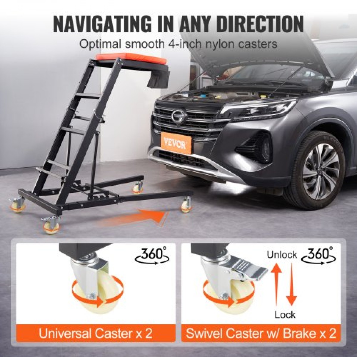 VEVOR Automotive Topside Creeper, με ρυθμιζόμενο ύψος 1219-1930 mm, 400 LBS Capacity High Creeper, 4 περιστρεφόμενοι τροχοί τροχού, Heavy Duty Creeper για επισκευή και συντήρηση αυτοκινήτων