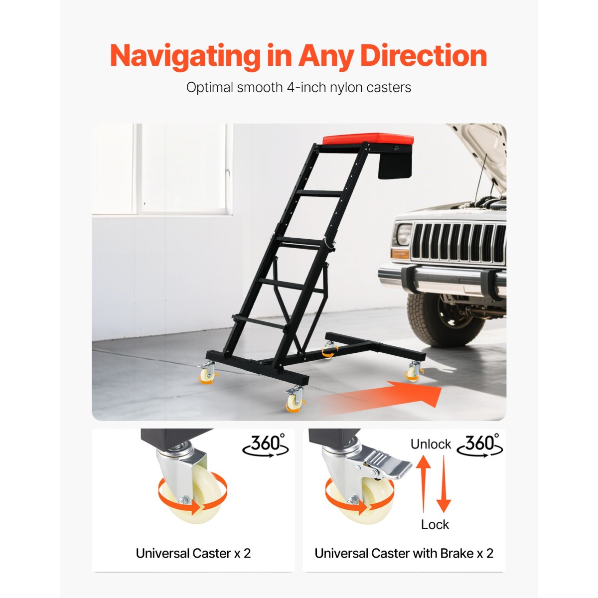 VEVOR Top Automotive Creeper, Engine Creeper με ρυθμιζόμενο ύψος 45,7" έως 66,3", 400 LBS Capacity High Creeper, 4 περιστρεφόμενοι τροχοί τροχού, Heavy Duty Creeper για επισκευή και συντήρηση αυτοκινήτων