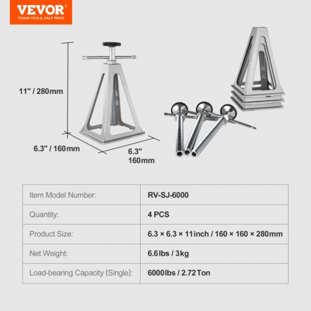 VEVOR RV Stabilizer Jacks, 4 Pack Aluminium RV Leveling Jacks, RV Stack Jacks for RV Travel Trailer Camper, Single Screw Jack Support έως 2721,6 kg, Ρυθμιζόμενο από 27,9 έως 43,2 cm