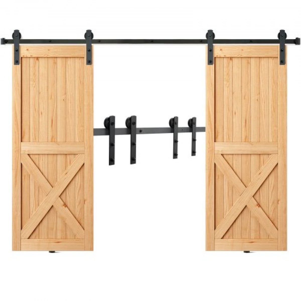 VEVOR 243,8 cm Sliding Barn Door Hardware Kit, 149,7 kg Kit Track Barn Door Heavy Duty for Double Doors, Εφαρμογή Συνολικού πλάτους 112-131 cm και πάνελ 2 θυρών πάχους 3,3-4,6 cm, με λεία & αθόρυβη τροχαλία (I)