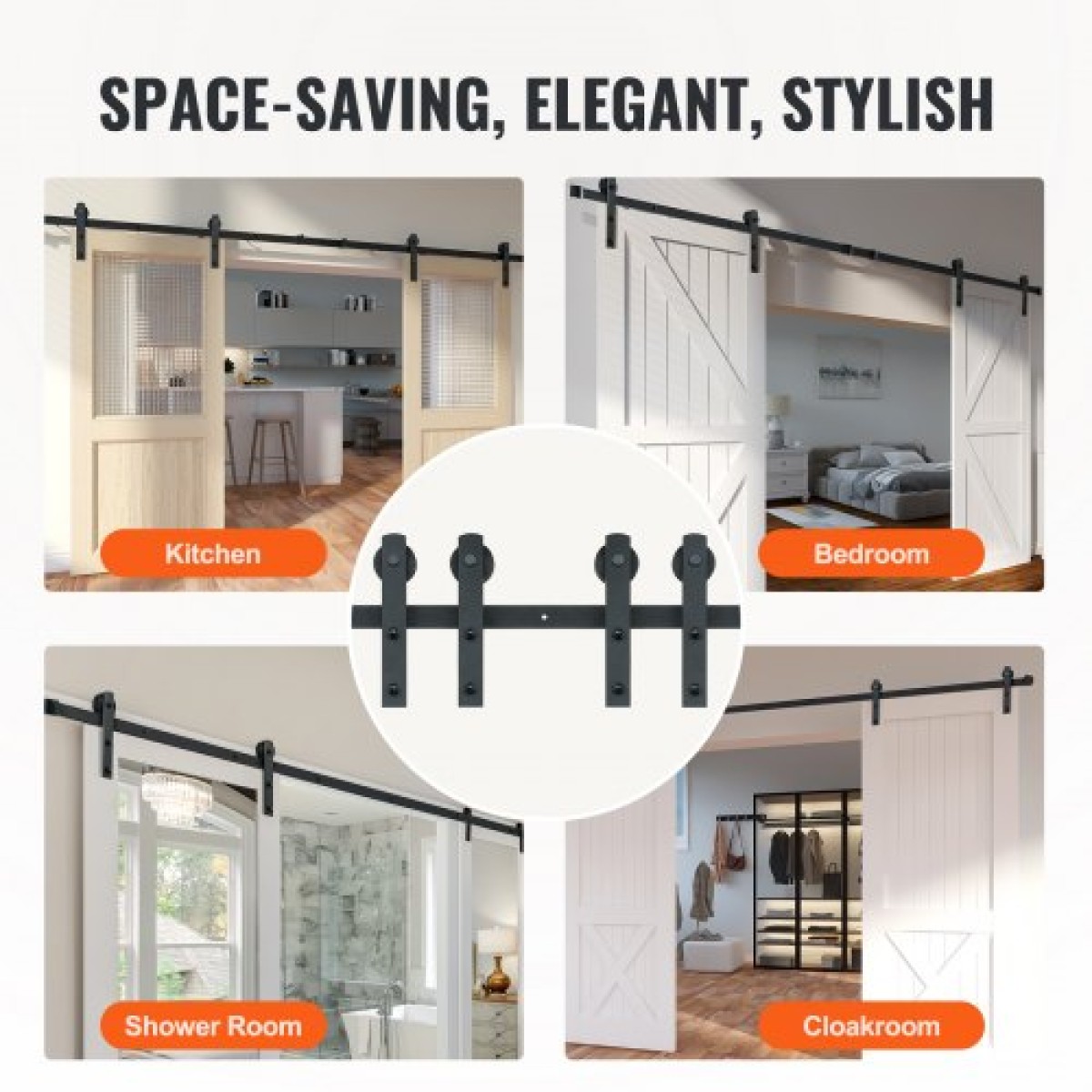 VEVOR 243,8 cm Sliding Barn Door Hardware Kit, 149,7 kg Kit Track Barn Door Heavy Duty for Double Doors, Εφαρμογή Συνολικού πλάτους 112-131 cm και πάνελ 2 θυρών πάχους 3,3-4,6 cm, με λεία & αθόρυβη τροχαλία (I)