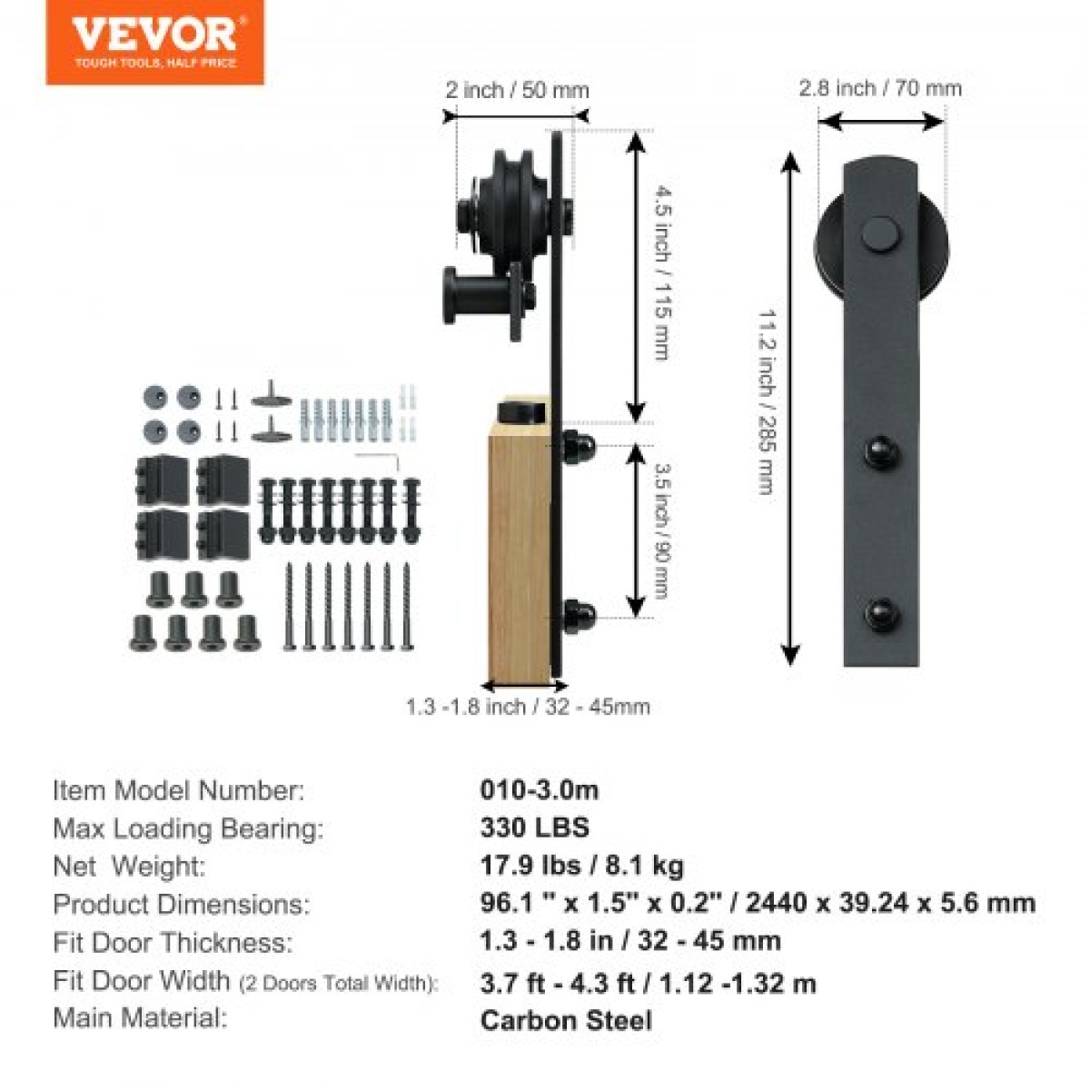 VEVOR 243,8 cm Sliding Barn Door Hardware Kit, 149,7 kg Kit Track Barn Door Heavy Duty for Double Doors, Εφαρμογή Συνολικού πλάτους 112-131 cm και πάνελ 2 θυρών πάχους 3,3-4,6 cm, με λεία & αθόρυβη τροχαλία (I)