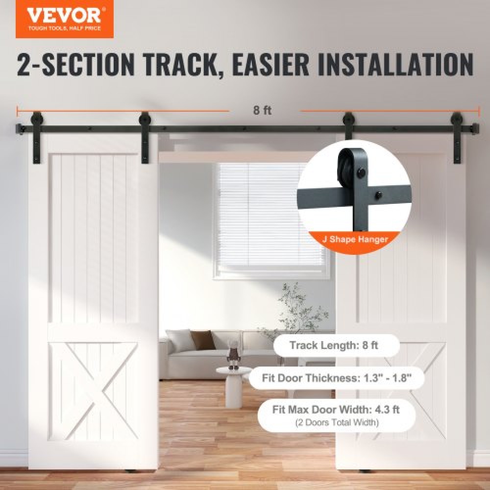 VEVOR 243,8 cm Sliding Barn Door Hardware Kit, 149,7 kg Kit Track Barn Door Heavy Duty για διπλές πόρτες, Εφαρμογή 112-131 cm Συνολικό πλάτος και πάνελ 2 θυρών πάχους 3,3-4,6 cm, με λεία & αθόρυβη τροχαλία (J)