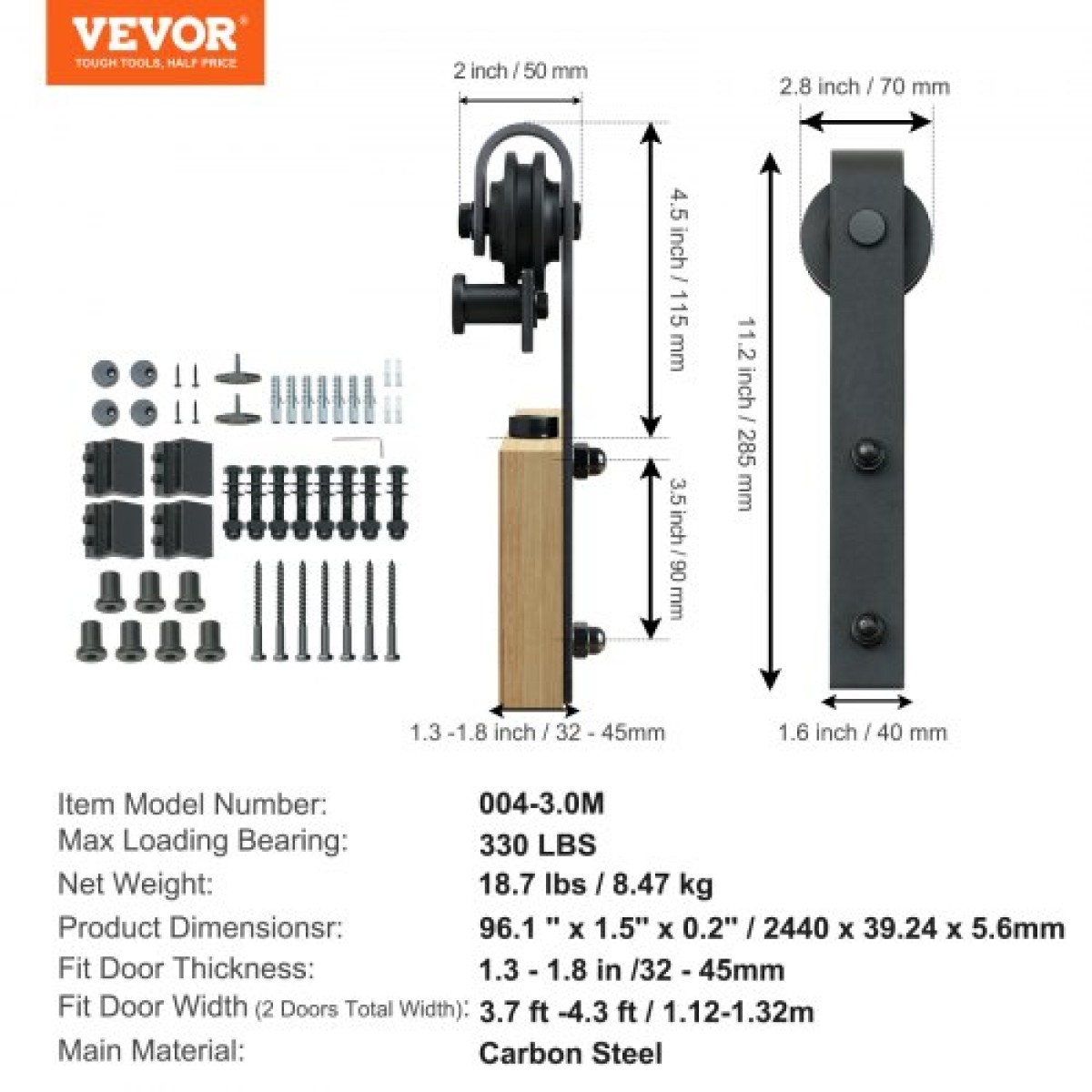 VEVOR 243,8 cm Sliding Barn Door Hardware Kit, 149,7 kg Kit Track Barn Door Heavy Duty για διπλές πόρτες, Εφαρμογή 112-131 cm Συνολικό πλάτος και πάνελ 2 θυρών πάχους 3,3-4,6 cm, με λεία & αθόρυβη τροχαλία (J)