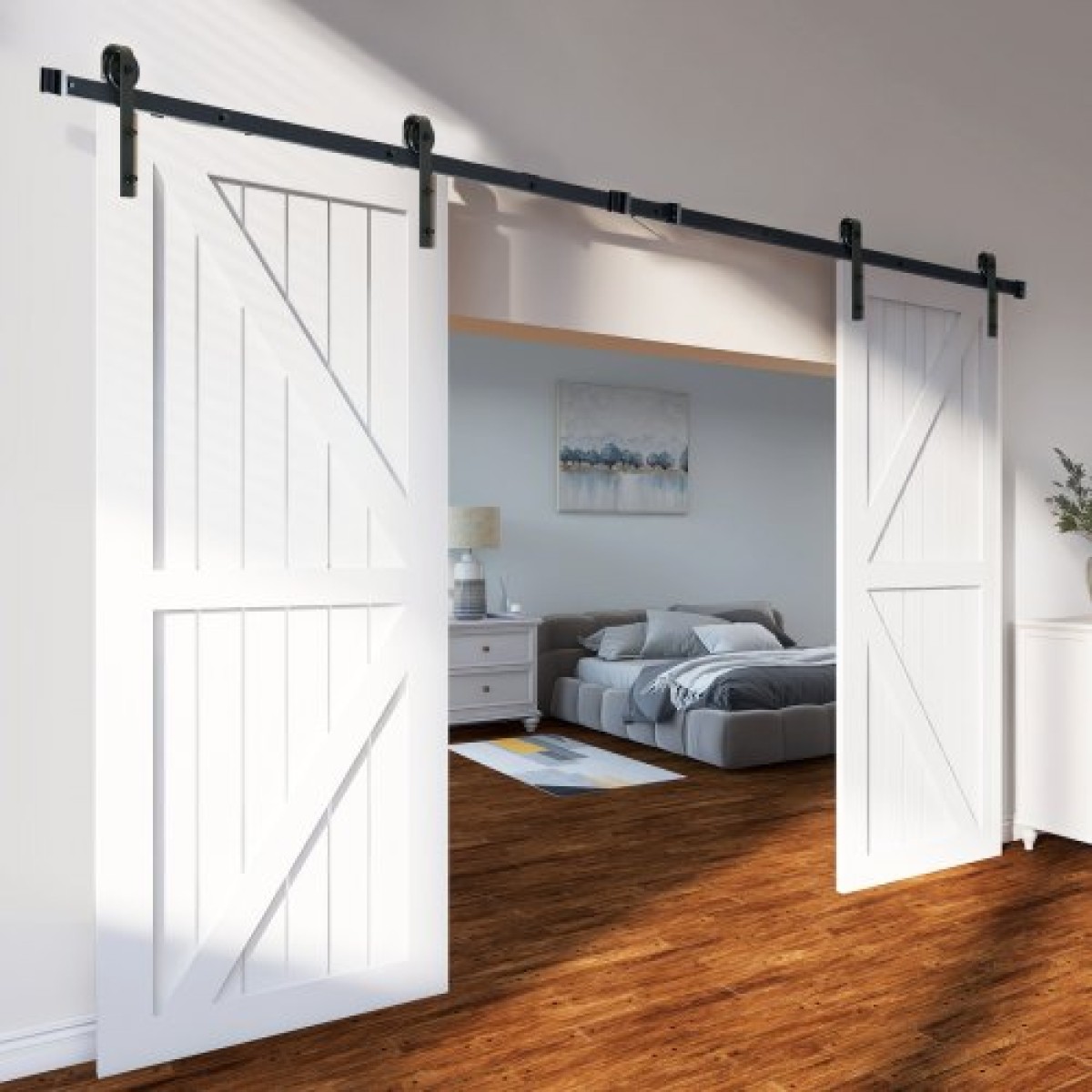 VEVOR 243,8 cm Sliding Barn Door Hardware Kit, 149,7 kg Kit Track Barn Door Heavy Duty για διπλές πόρτες, Εφαρμογή 112-131 cm Συνολικό πλάτος και πάνελ 2 θυρών πάχους 3,3-4,6 cm, με λεία & αθόρυβη τροχαλία (J)