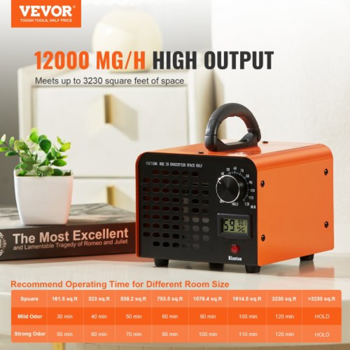 Γεννήτρια όζοντος VEVOR, 12000 mg/h Μηχανή όζοντος αφαίρεσης οσμών, Εμπορική/βιομηχανική μηχανή παραγωγής όζοντος υψηλής χωρητικότητας, αποσμητικό ιονιστή οικιακού αέρα με ρύθμιση χρόνου 0-120 λεπτών για δωμάτια, αυτοκίνητα, κατοικίδια