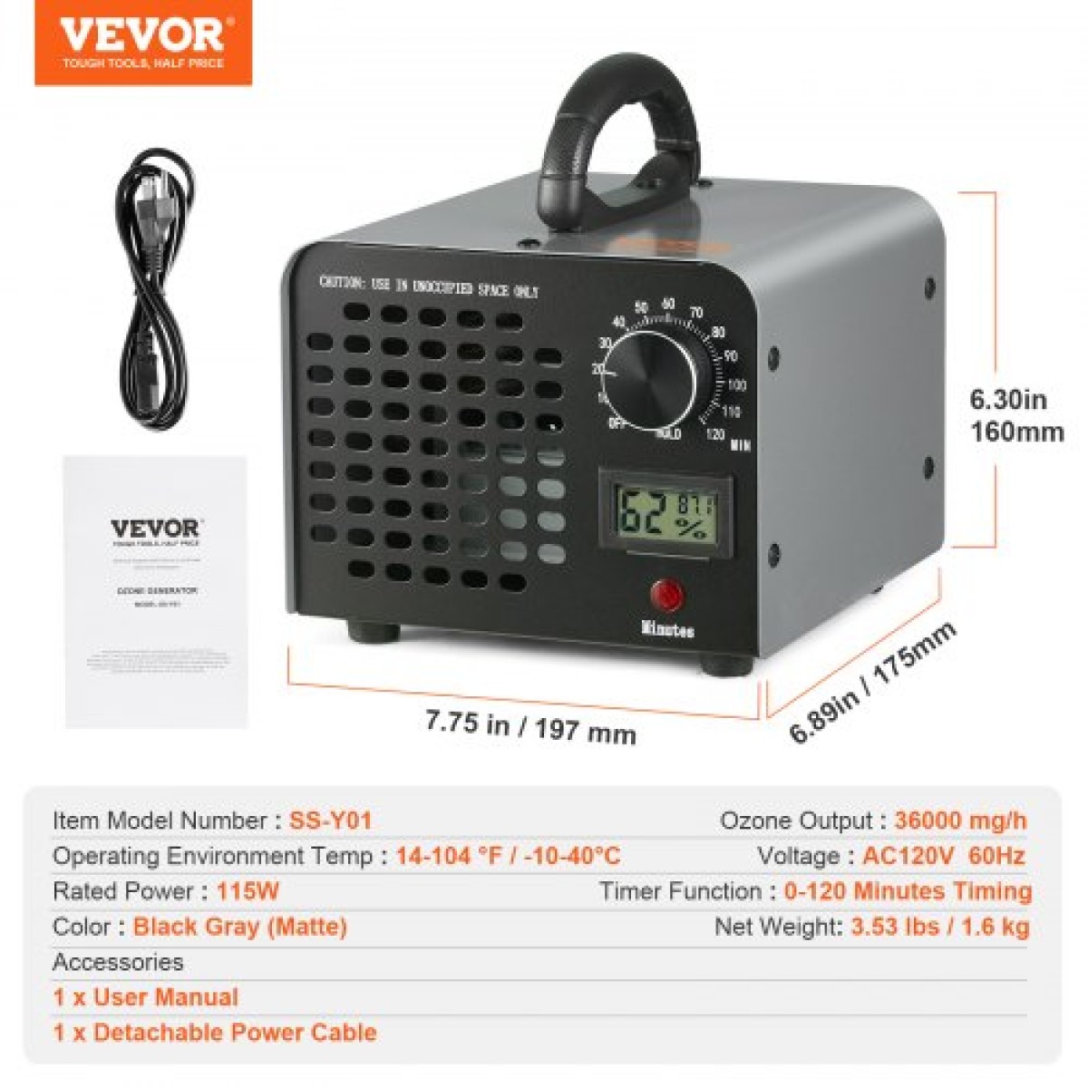 VEVOR Ozone Generator 36000mg/h Όζον Μηχανή Οσμής Αφαίρεσης Οσμών με Χρονόμετρο 0-120 λεπτών