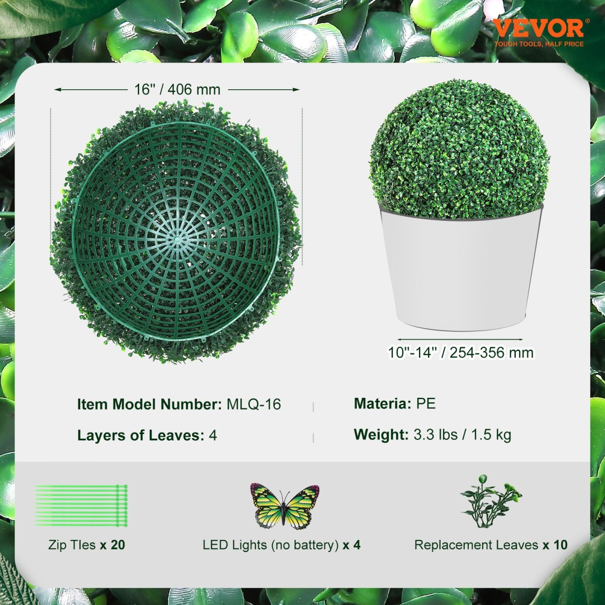 VEVOR Artificial Topiaries Πυξάρι, 16" ψηλό (2 τεμάχια), Φυτό ψεύτικο τοπίαρι σε σχήμα μπάλας, διακοσμητικές μπάλες πράσινων φυτών Feaux για όλο το χρόνο για αυλή, μπαλκόνι, κήπο, γάμο και διακόσμηση σπιτιού