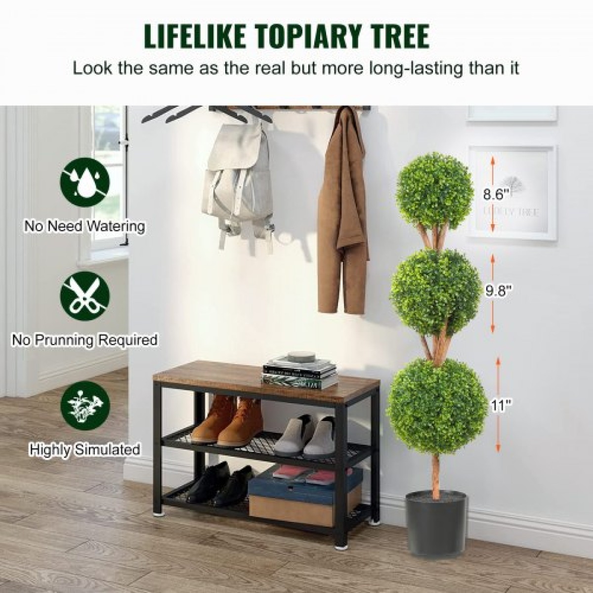 VEVOR Artificial Topiaries Πυξάρι, ύψους 48 ιντσών (2 τεμάχια), 3 Φυτό σε σχήμα μπάλας Faux Topiaries με ζαρντινιέρες, Πράσινο φυτό Feaux με Αντικαταστάσιμα φύλλα & Λιμάνι για Διακοσμητικούς εσωτερικούς/Εξωτερικούς χώρους/Κήπο