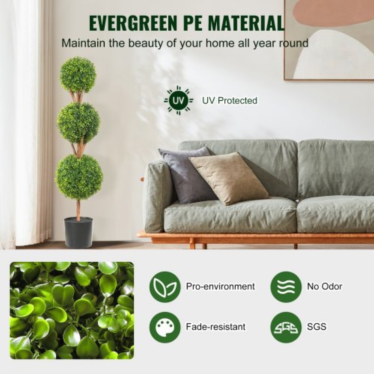 VEVOR Artificial Topiaries Πυξάρι, ύψους 48 ιντσών (2 τεμάχια), 3 Φυτό σε σχήμα μπάλας Faux Topiaries με ζαρντινιέρες, Πράσινο φυτό Feaux με Αντικαταστάσιμα φύλλα & Λιμάνι για Διακοσμητικούς εσωτερικούς/Εξωτερικούς χώρους/Κήπο