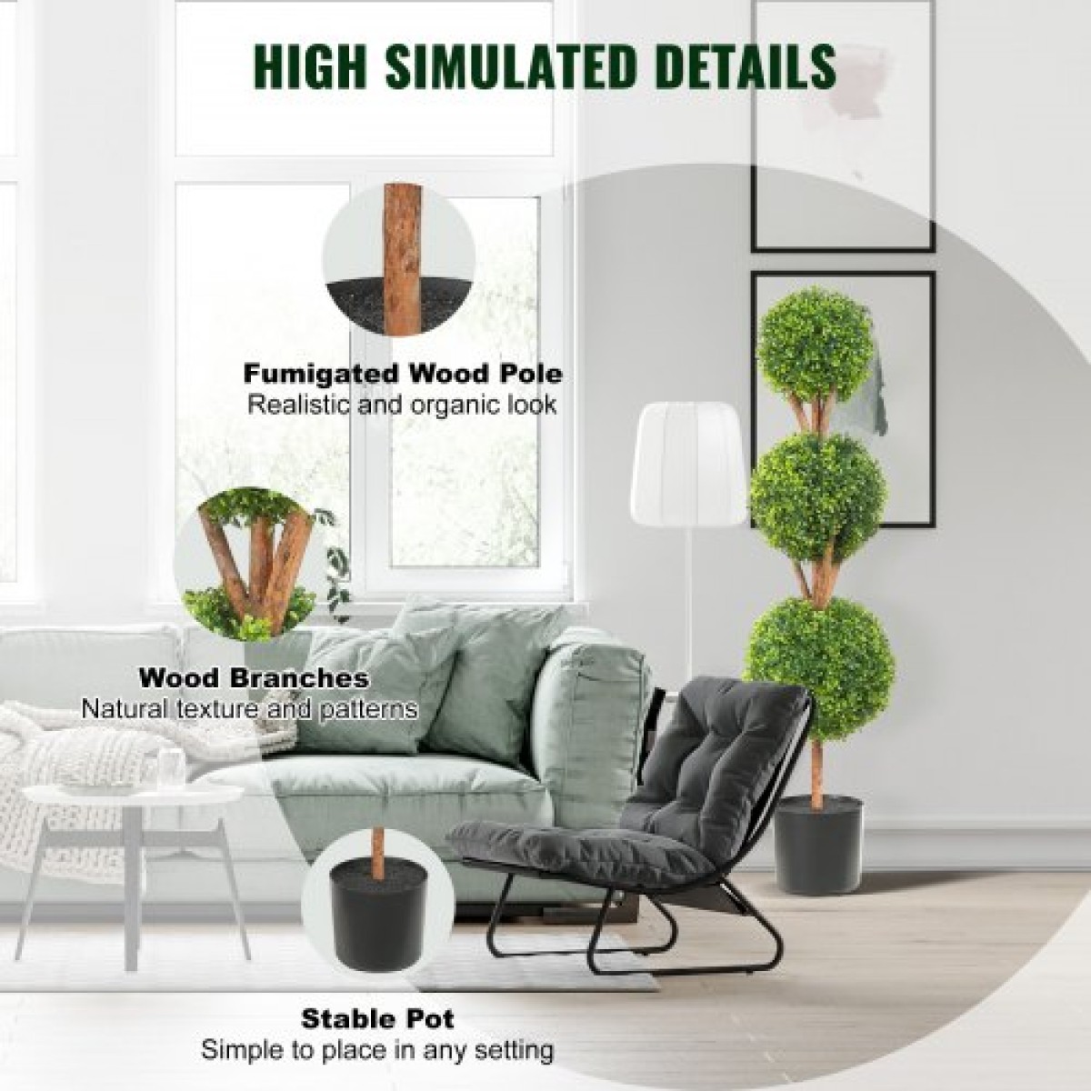 VEVOR Artificial Topiaries Πυξάρι, ύψους 48 ιντσών (2 τεμάχια), 3 Φυτό σε σχήμα μπάλας Faux Topiaries με ζαρντινιέρες, Πράσινο φυτό Feaux με Αντικαταστάσιμα φύλλα & Λιμάνι για Διακοσμητικούς εσωτερικούς/Εξωτερικούς χώρους/Κήπο