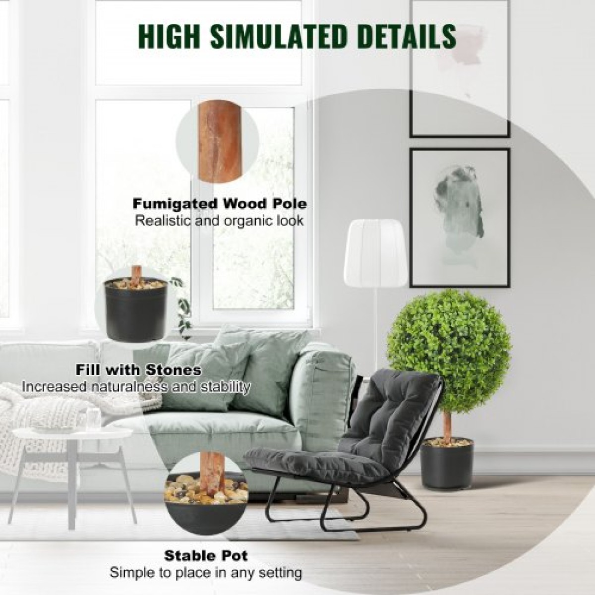 VEVOR Artificial Topiaries Πυξάρι, ύψους 24 ιντσών (2 τεμάχια), Φυτό σε σχήμα μπάλας Faux Topiaries με ζαρντινιέρες, Πράσινο φυτό Feaux με Αντικαταστάσιμα φύλλα & Λιμάνι για Διακοσμητικούς εσωτερικούς/Εξωτερικούς χώρους/Κήπο