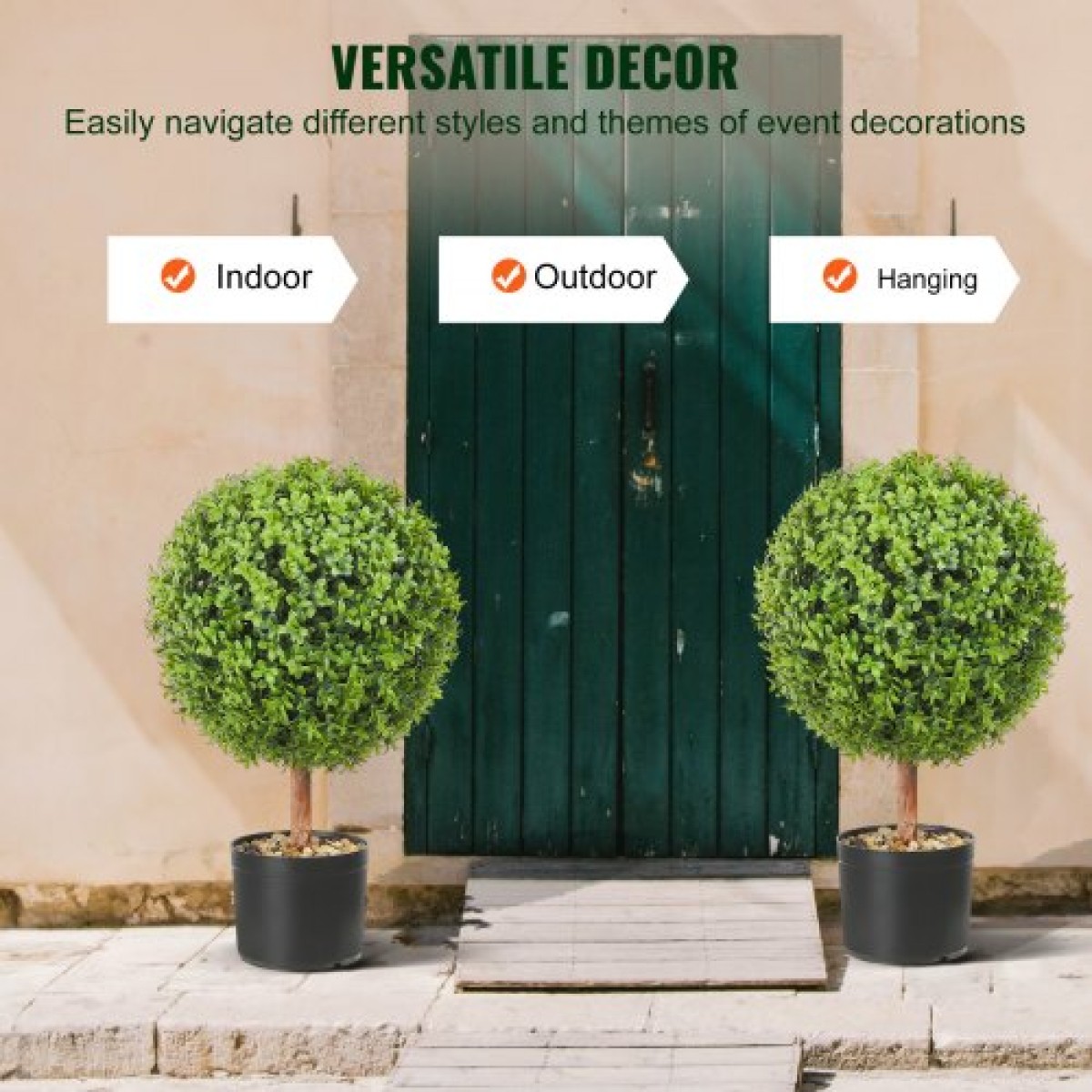 VEVOR Artificial Topiaries Πυξάρι, ύψους 24 ιντσών (2 τεμάχια), Φυτό σε σχήμα μπάλας Faux Topiaries με ζαρντινιέρες, Πράσινο φυτό Feaux με Αντικαταστάσιμα φύλλα & Λιμάνι για Διακοσμητικούς εσωτερικούς/Εξωτερικούς χώρους/Κήπο
