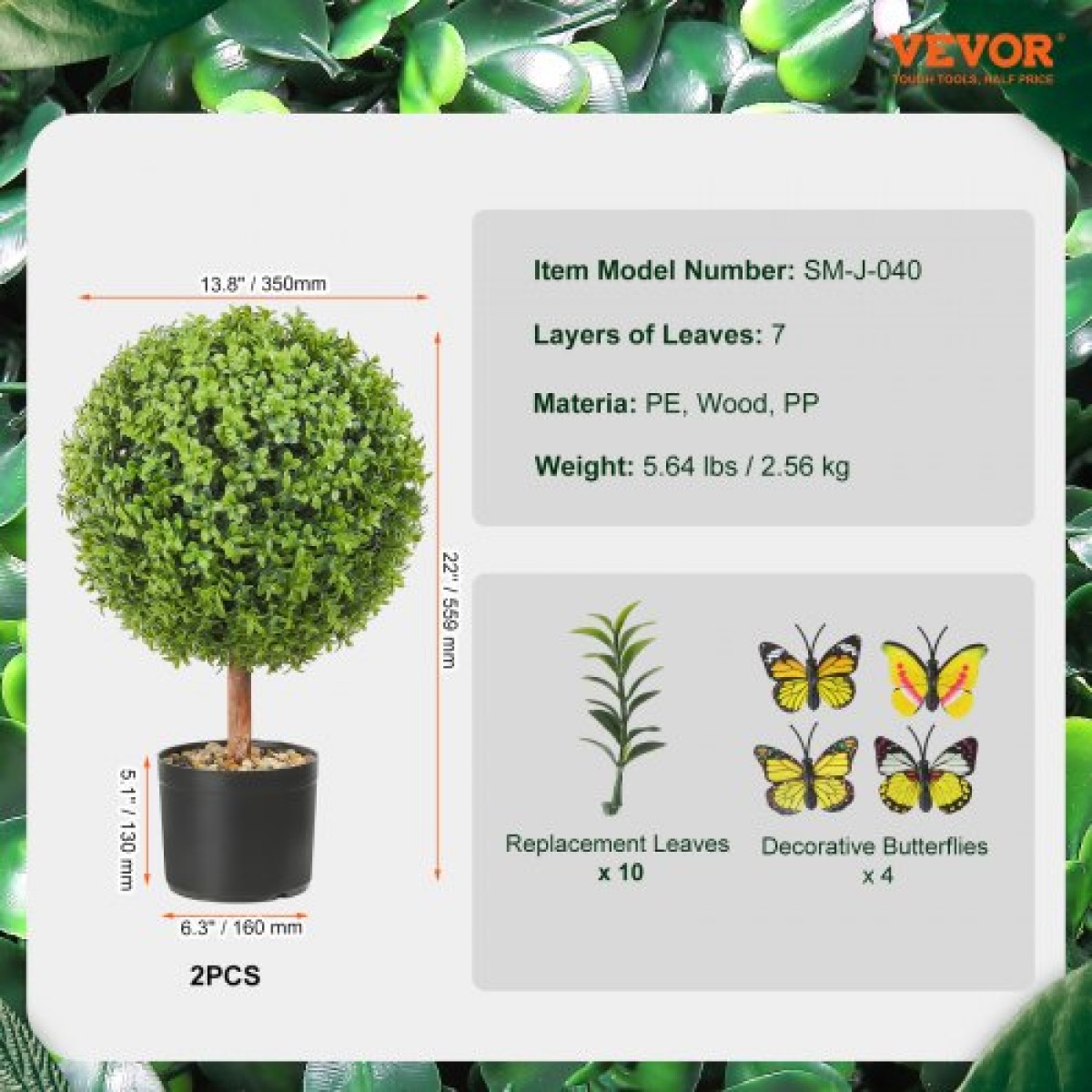 VEVOR Artificial Topiaries Πυξάρι, ύψους 24 ιντσών (2 τεμάχια), Φυτό σε σχήμα μπάλας Faux Topiaries με ζαρντινιέρες, Πράσινο φυτό Feaux με Αντικαταστάσιμα φύλλα & Λιμάνι για Διακοσμητικούς εσωτερικούς/Εξωτερικούς χώρους/Κήπο