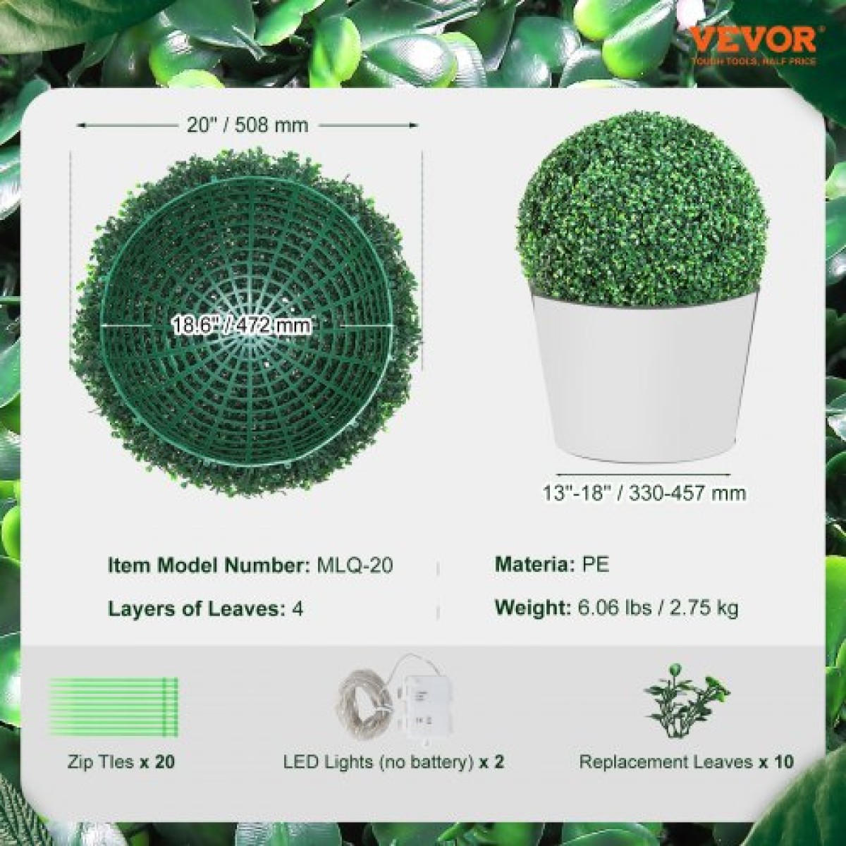 VEVOR Artificial Topiaries Πυξάρι, 50,8 cm ύψος (2 τεμάχια), Φυτό Faux Topiaries σε σχήμα μπάλας, Διακοσμητικές μπάλες πράσινων φυτών Feaux για όλο το χρόνο για αυλή, μπαλκόνι, κήπο, γάμο και διακόσμηση σπιτιού